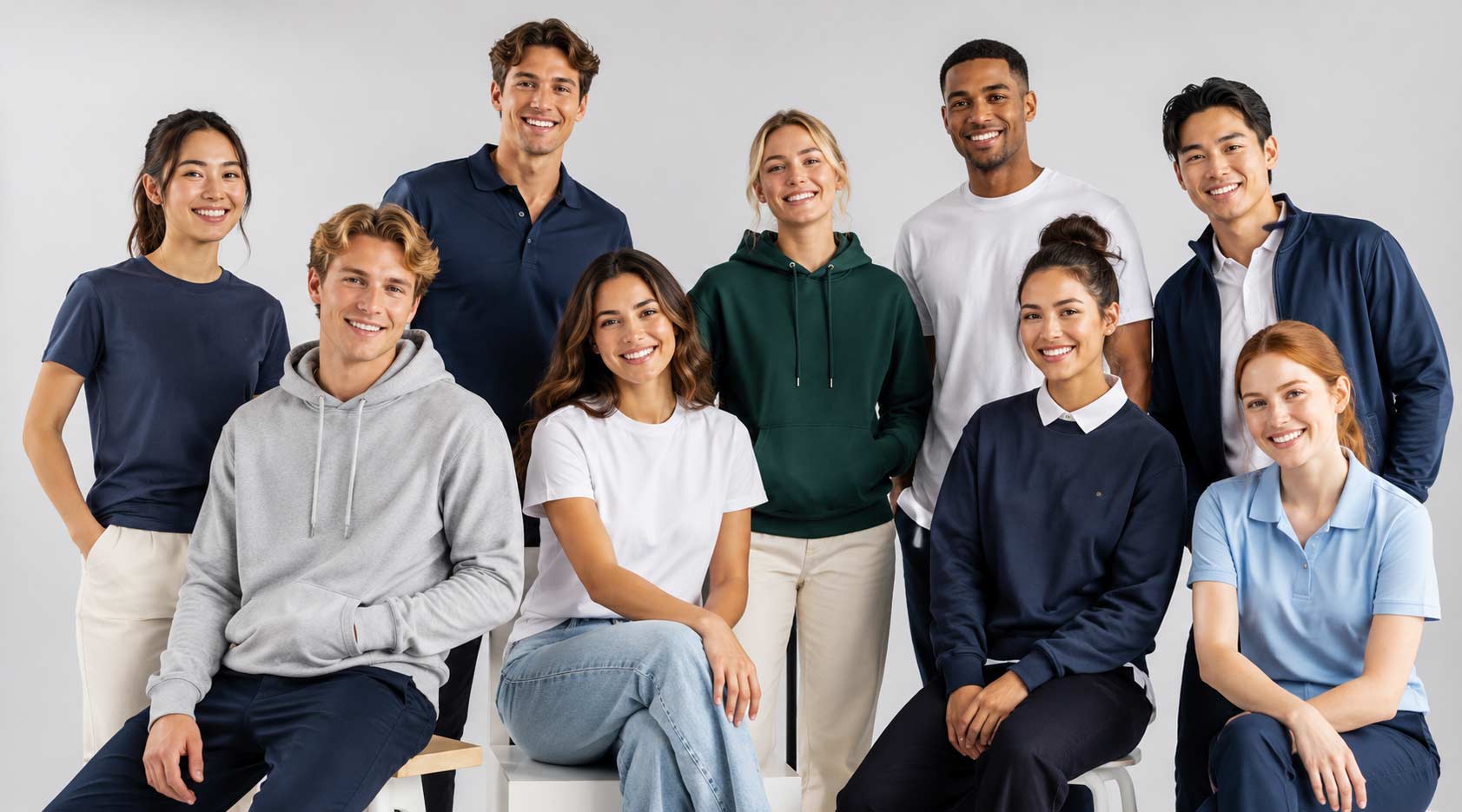 Customers wearing blank t-shirts, polos, hoodies, uniforms and workwear